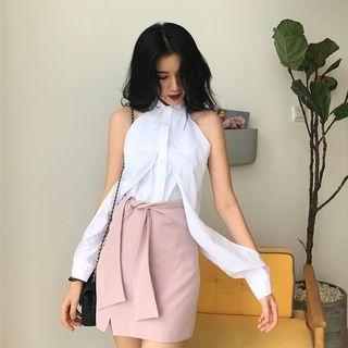 Plain Halter Off-shoulder Blouse / Plain A-line Skirt