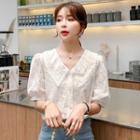 Collared Puff-sleeve Eyelet Blouse