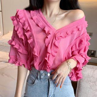 Elbow-sleeve V-neck Ruffle Knit Top