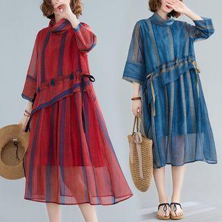 3/4-sleeve Sheer Striped Midi Dress