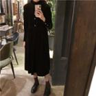 Long-sleeve Frill-trim Midi Velvet Dress Black - One Size