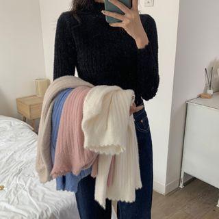 Long-sleeve Semi High-neck Ribbed Knit Top