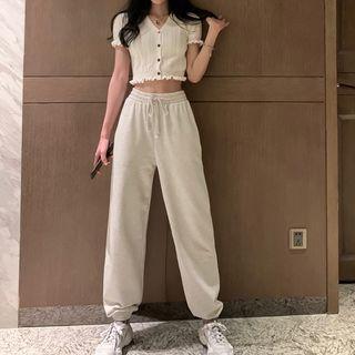 Short-sleeve Cutout Knit Top / High-waist Pants