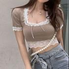 Short-sleeve Lace Trim T-shirt Coffee - One Size