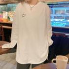 Long Sleeve Round Neck Smiley Face Side Slit T-shirt White - One Size