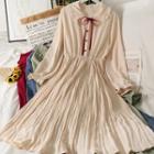 Two Tone Button-up Pleated Bow A-line Dress