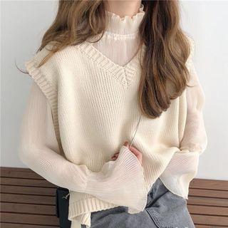 Bell-sleeve Top / V-neck Knit Vest