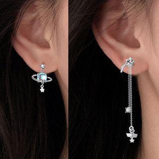 Rhinestone Planet Earring 1 Pair - With Back Stopper - Non-matching - Silver - One Size