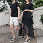 Couple Matching Short-sleeve Plain T-shirt / Shorts / Short-sleeve Mesh Panel Midi Dress