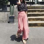 Set: Elbow-sleeve Floral Print Chiffon Top + Wide-leg Pants