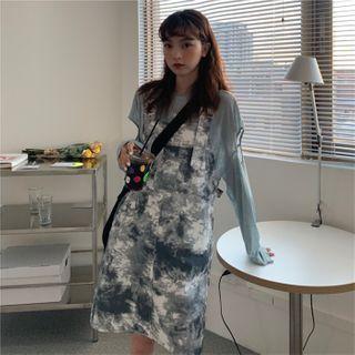 Cut-out Long-sleeve Top / Tie-dyed Mini A-line Pinafore Dress