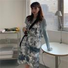 Cut-out Long-sleeve Top / Tie-dyed Mini A-line Pinafore Dress