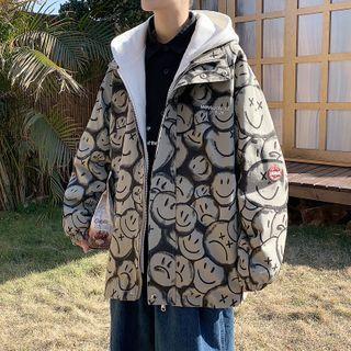 Mock Two-piece Hooded Panel Smiley Face Print Jacket