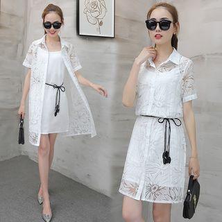 Set: Short-sleeve Lace Shirt Dress + Slipdress