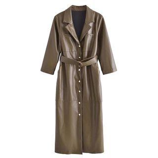 3/4-sleeve Faux Leather Midi Coat Dress