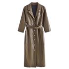 3/4-sleeve Faux Leather Midi Coat Dress