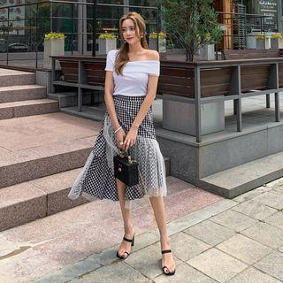 Asymmetric-hem Mesh-layered Gingham Skirt Black - One Size