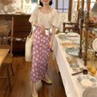 Puff-sleeve Blouse / Floral Midi Pencil Skirt
