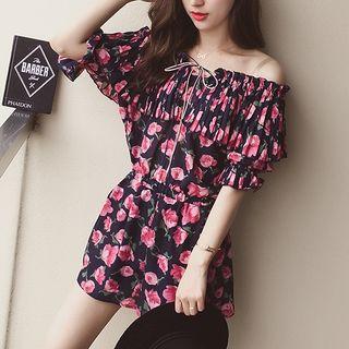 Floral Print Off-shoulder Elbow-sleeve Playsuit