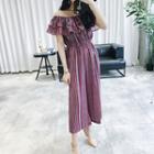 Ruffle Trim Striped Off Shoulder Short Sleeve Jumpsuit