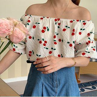 Puff-sleeve Off-shoulder Cherry Print Blouse