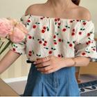 Puff-sleeve Off-shoulder Cherry Print Blouse