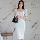 Short-sleeve Square Neck Mesh Panel Sheath Dress