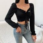 Puff-sleeve Square-neck Ruffled-trim Drawstring Cropped Top