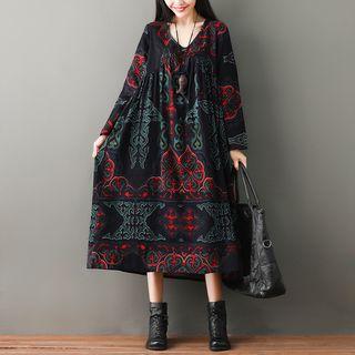Print Long-sleeve Linen Midi Shift Dress