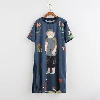 Short-sleeve Cartoon Print Midi Shift Dress Dark Blue - One Size