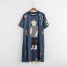 Short-sleeve Cartoon Print Midi Shift Dress Dark Blue - One Size