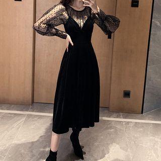 Set: Dotted Mesh Long-sleeve Top + Velvet Spaghetti Strap Midi A-line Dress