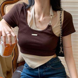 Mock Two-piece Halter-neck Color Block Asymmetric Top