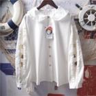 Long-sleeve Cat Print Frill Trim Blouse White - One Size