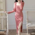 Set: Spaghetti Strap Ribbed Knit Dress + Cardigan