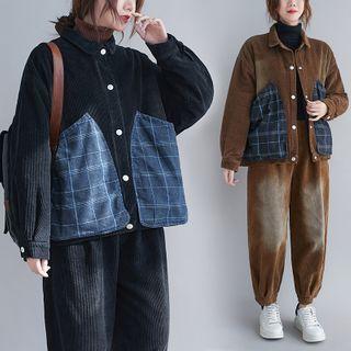 Plaid Panel Single-breasted Corduroy Jacket