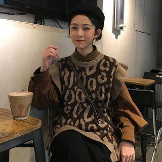 Stand Collar Blouse / Leopard Print Knit Vest