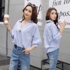 3/4-sleeve Striped Blouse / Washed Distressed Buttoned Pants