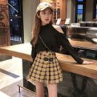 Long-sleeve Cold-shoulder T-shirt / Plaid Pleated Skirt