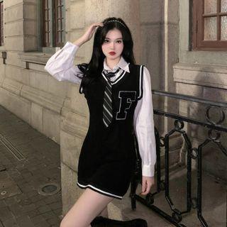 Plain Shirt / Necktie / Sleeveless Lettering Mini Sheath Dress / Set