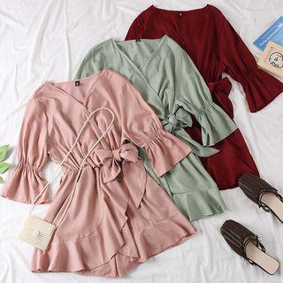 Ribbon-accent V-neck Playsuit