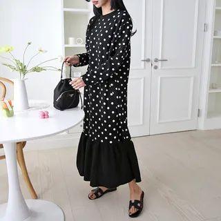 Ruffle-hem Polka-dot / Stripe Long Dress