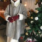 Faux Fur Collar Woolen Long Coat Stripe - One Size