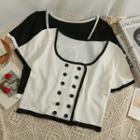 Contrasted Double-breasted Crop T-shirt