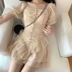 Balloon-sleeve Shirred Mini Chiffon Dress