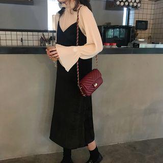 Frill Collar Chiffon Blouse / V-neck Midi Pinafore Dress