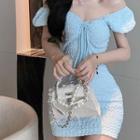 Short-sleeve Tie-front Textured Mini Bodycon Dress