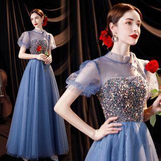 Short-sleeve Mock-neck Sequined A-line Evening Gown