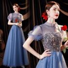 Short-sleeve Mock-neck Sequined A-line Evening Gown