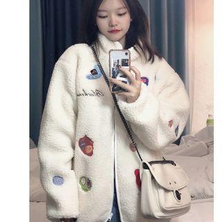 Stand Collar Embroidered Fleece Zip-up Jacket
